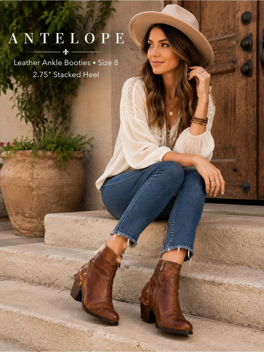 Antelope Leather Ankle Boots Women’s Size 8 Brown Boho Western Stacked Heel